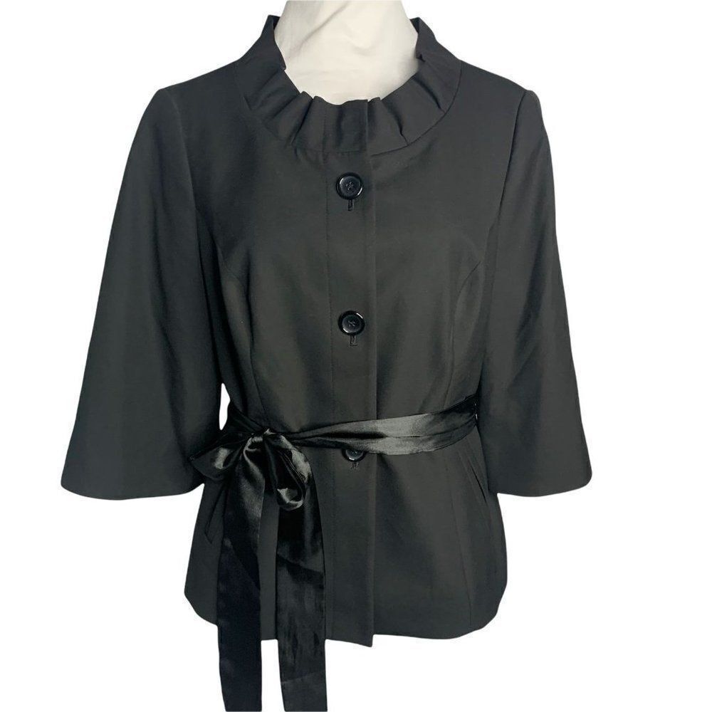 The Limited Ruffle Collar Button Up Coat L Black Half Sleeve Lined Pockets Belt